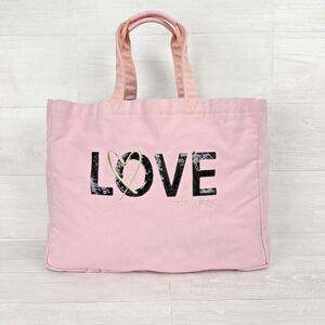 Victoria's Secret Canvas Tote Bag Large Pink Beach Weekend LOVE Sign Sequin
